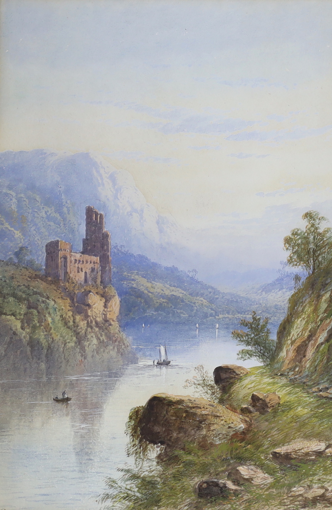 E.L. Raymond (British, mid 19th century), watercolour, Alpine mountainous lake scene, signed, monogrammed and dated 1843, 28.5 x 25cm